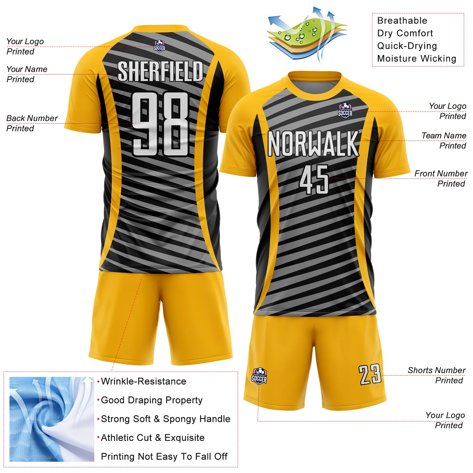 Custom Gold White-Black Stripe Line Sublimation Soccer Uniform Jersey - Image 4