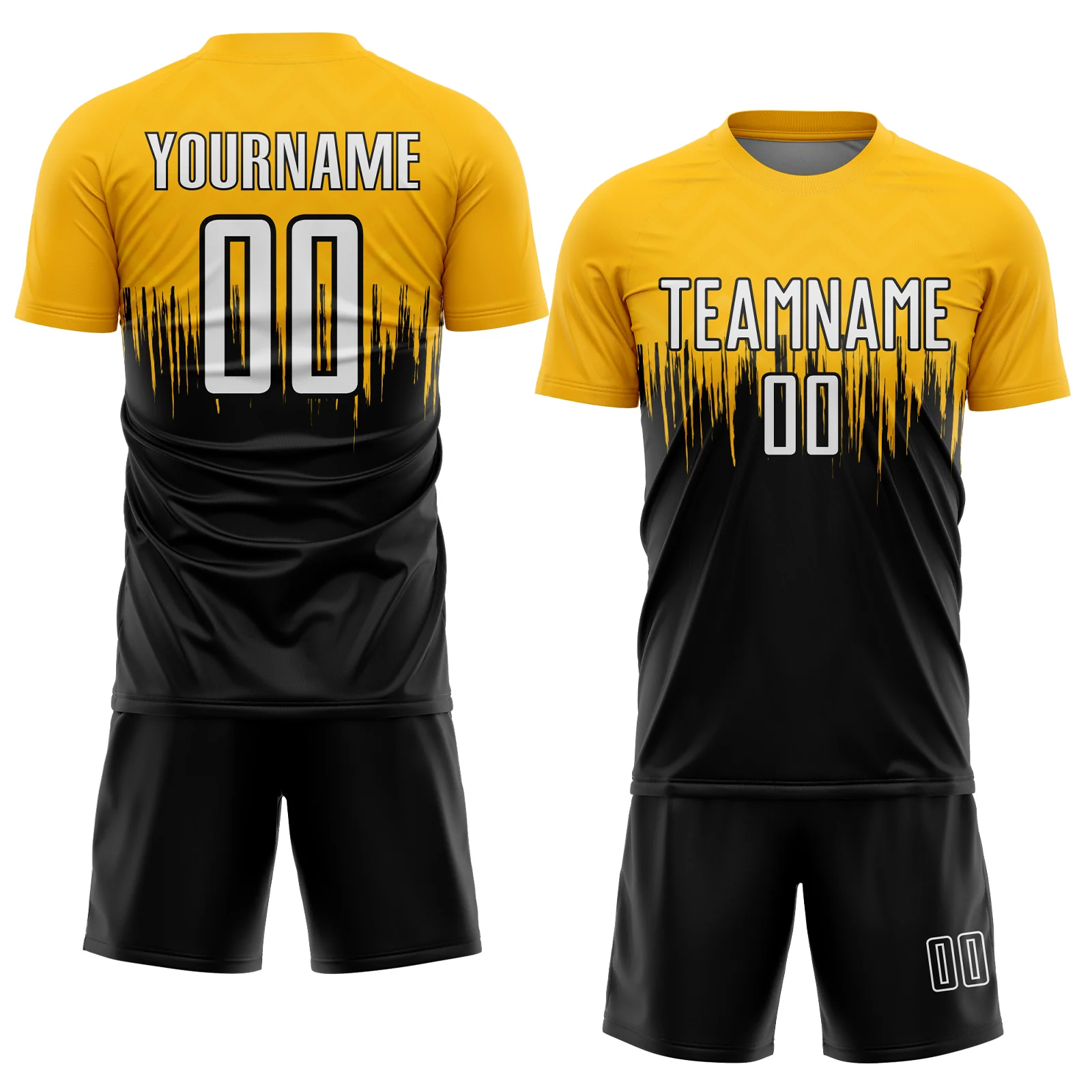 Custom Gold White-Black Gradient Dripping Splatter Art Sublimation Soccer Uniform Jersey - Image 2