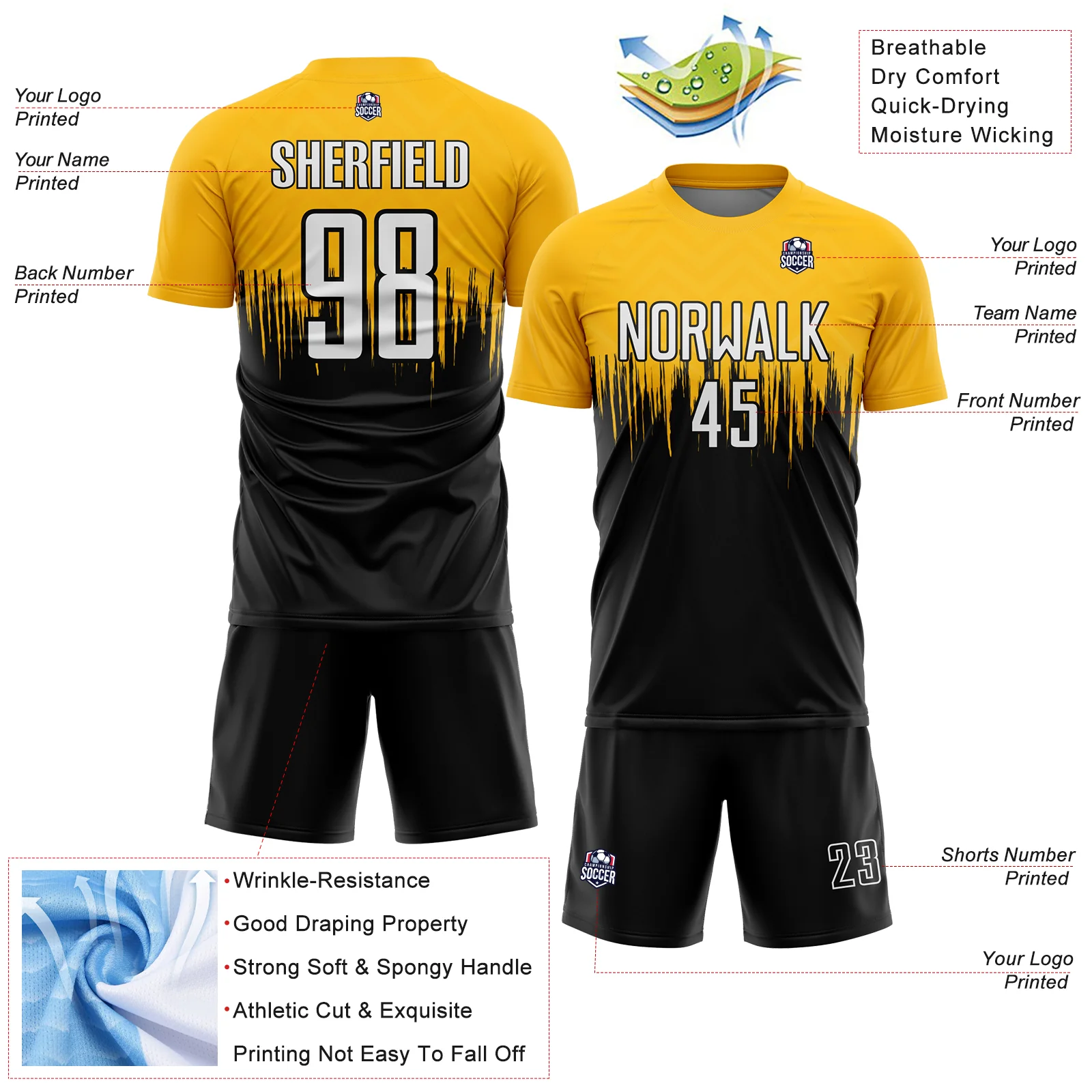 Custom Gold White-Black Gradient Dripping Splatter Art Sublimation Soccer Uniform Jersey - Image 4