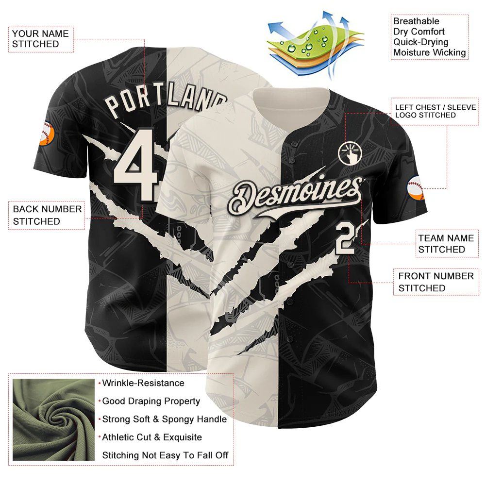 Custom Graffiti Pattern Cream-Black 3D Scratch Authentic Baseball Jersey - Image 3