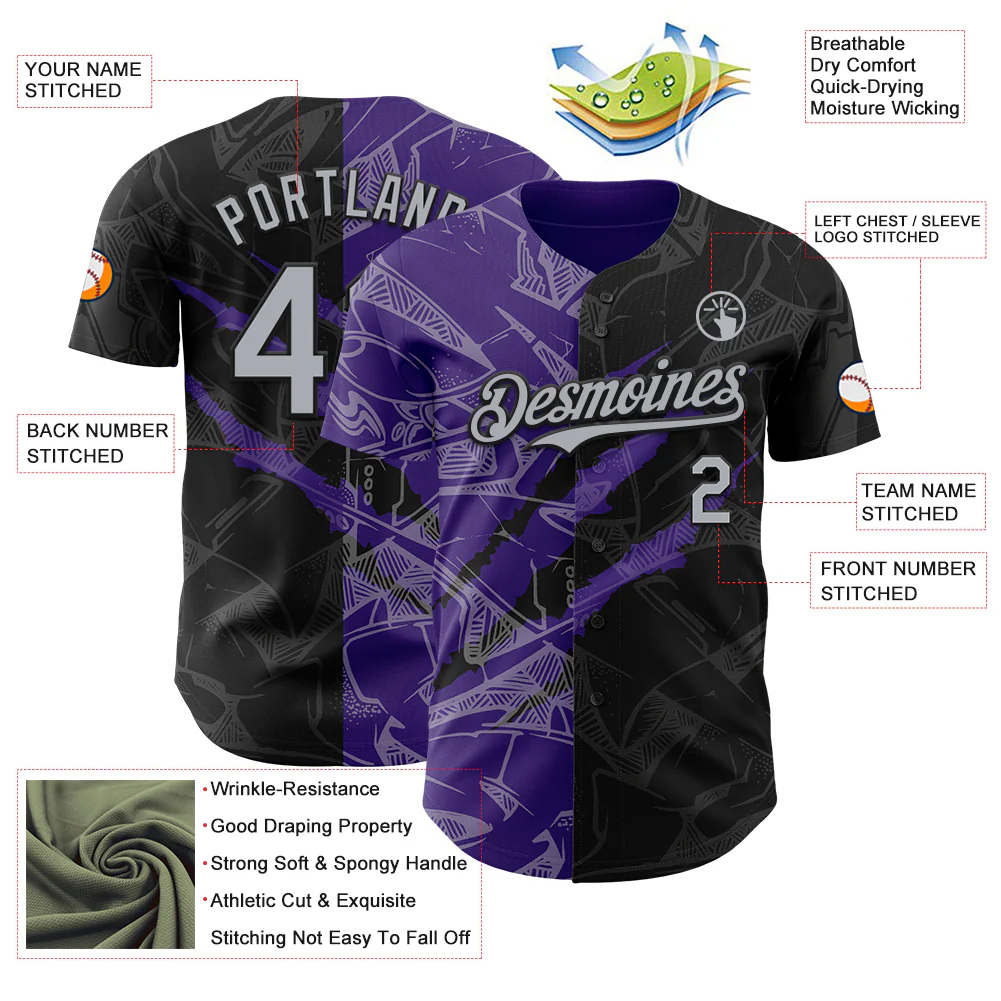Custom Graffiti Pattern Gray Black-Purple 3D Scratch Authentic Baseball Jersey - Image 3