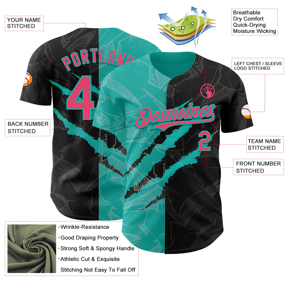 Custom Graffiti Pattern Neon Pink Black-Aqua 3D Scratch Authentic Baseball Jersey - Image 3