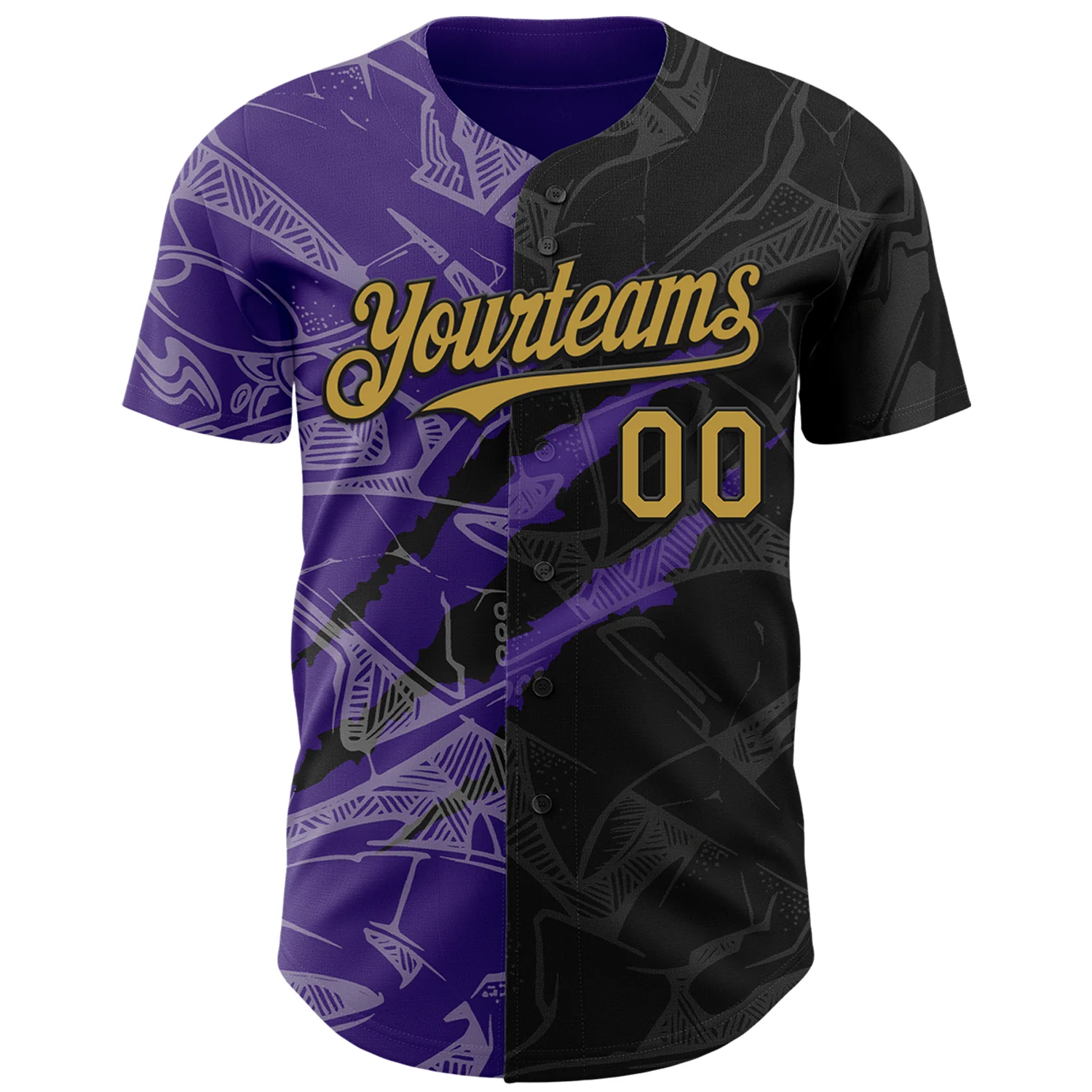 Custom Graffiti Pattern Old Gold Black-Purple 3D Scratch Authentic Baseball Jersey - Image 2