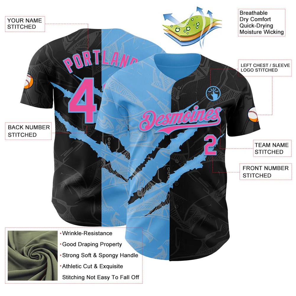 Custom Graffiti Pattern Pink Black-Sky Blue 3D Scratch Authentic Baseball Jersey - Image 3