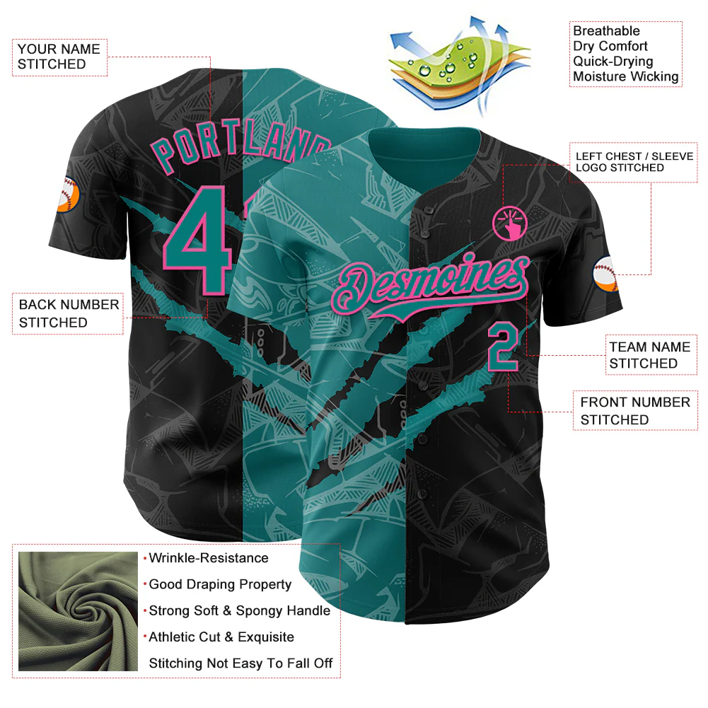 Custom Graffiti Pattern Teal Black-Pink 3D Scratch Authentic Baseball Jersey - Image 3