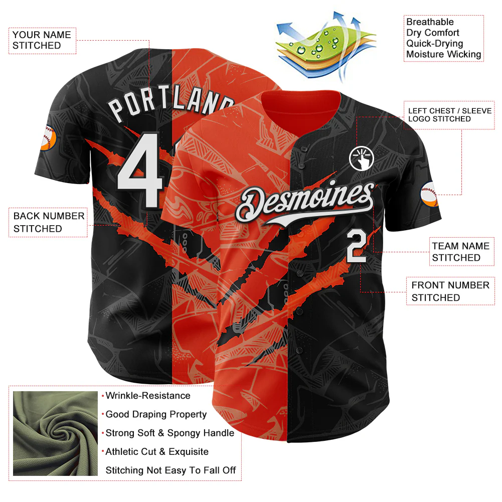 Custom Graffiti Pattern White Black-Orange 3D Scratch Authentic Baseball Jersey - Image 3