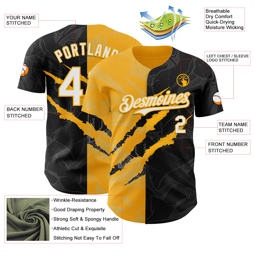 Custom Graffiti Pattern White Black-Gold 3D Scratch Authentic Baseball Jersey - Image 3