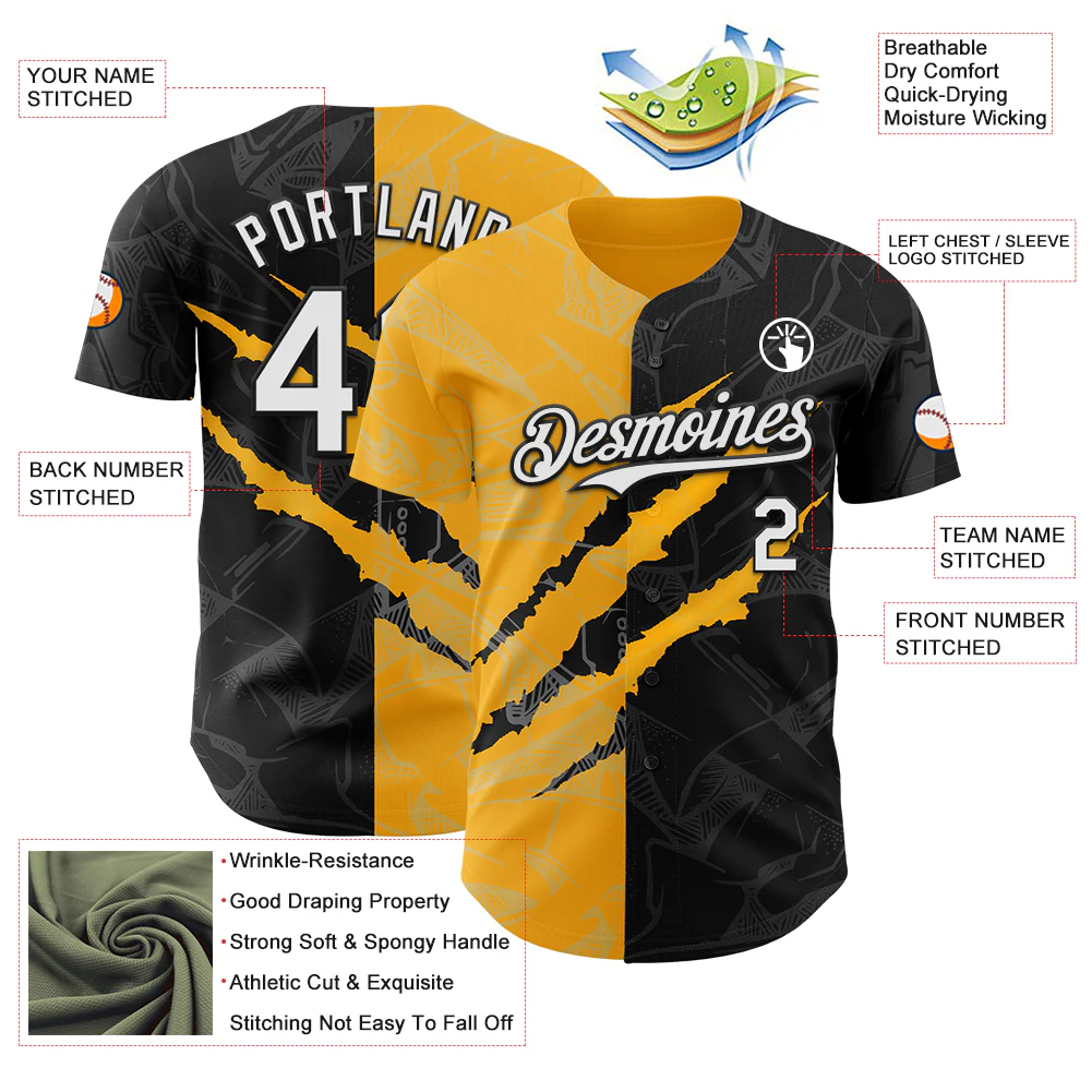 Custom Graffiti Pattern White Black-Gold 3D Scratch Authentic Baseball Jersey - Image 3