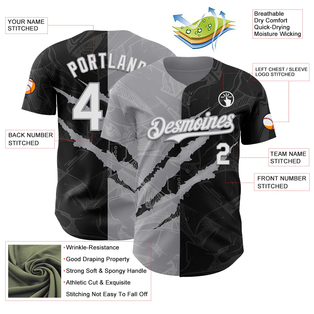 Custom Graffiti Pattern White Black-Gray 3D Scratch Authentic Baseball Jersey - Image 3
