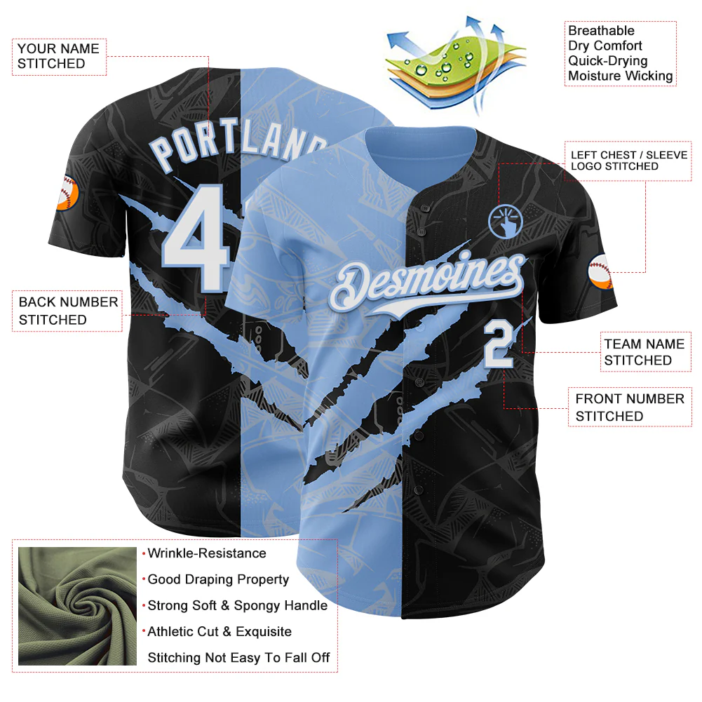 Custom Graffiti Pattern White Black-Light Blue 3D Scratch Authentic Baseball Jersey - Image 3