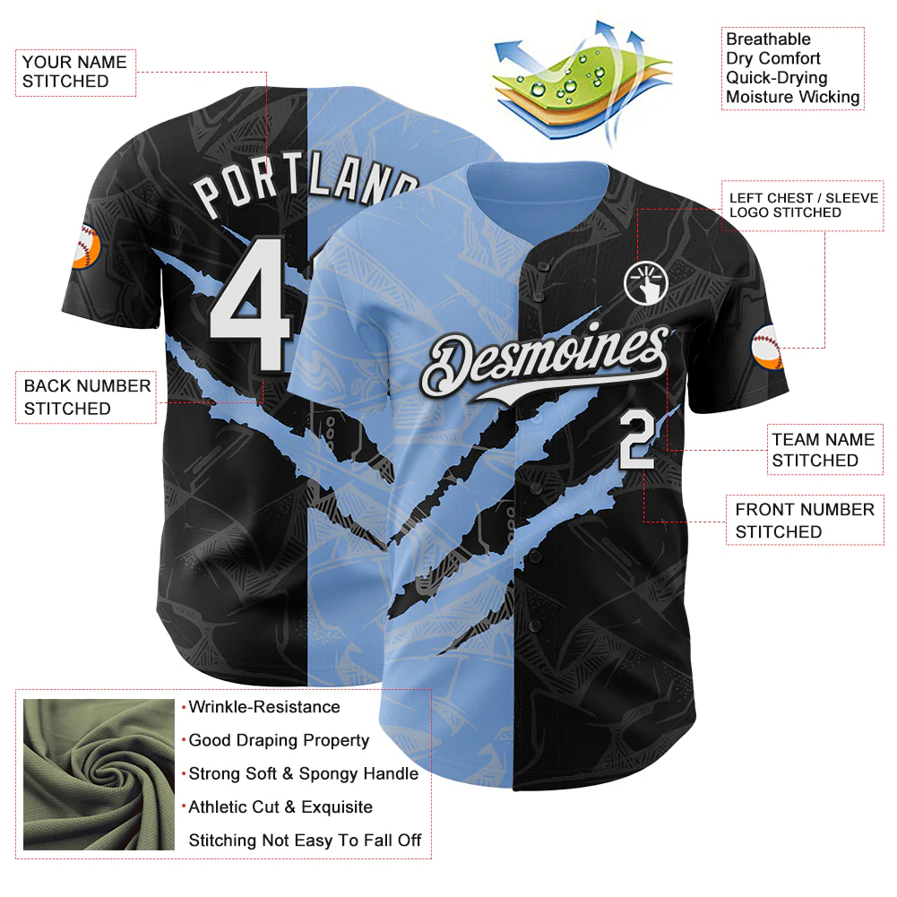 Custom Graffiti Pattern White Black-Light Blue 3D Scratch Authentic Baseball Jersey - Image 3