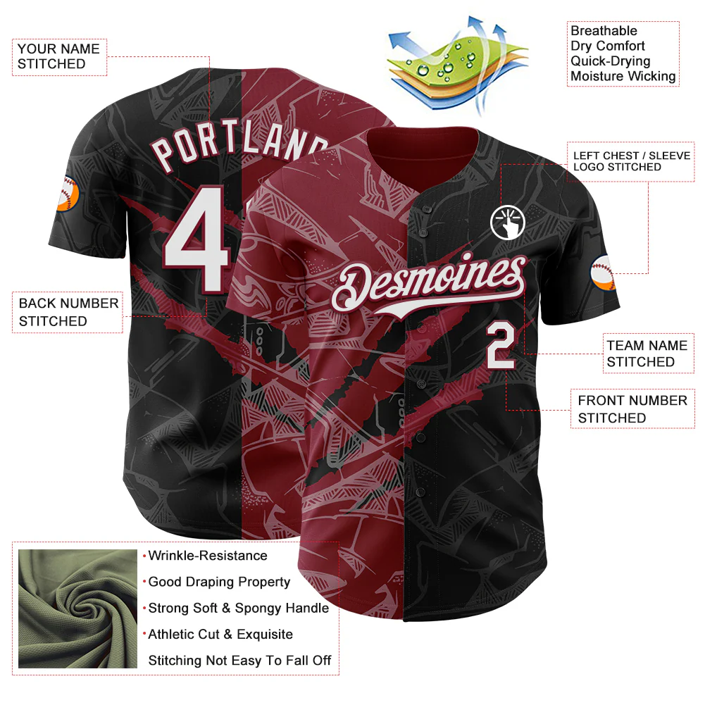 Custom Graffiti Pattern White Black-Crimson 3D Scratch Authentic Baseball Jersey - Image 3
