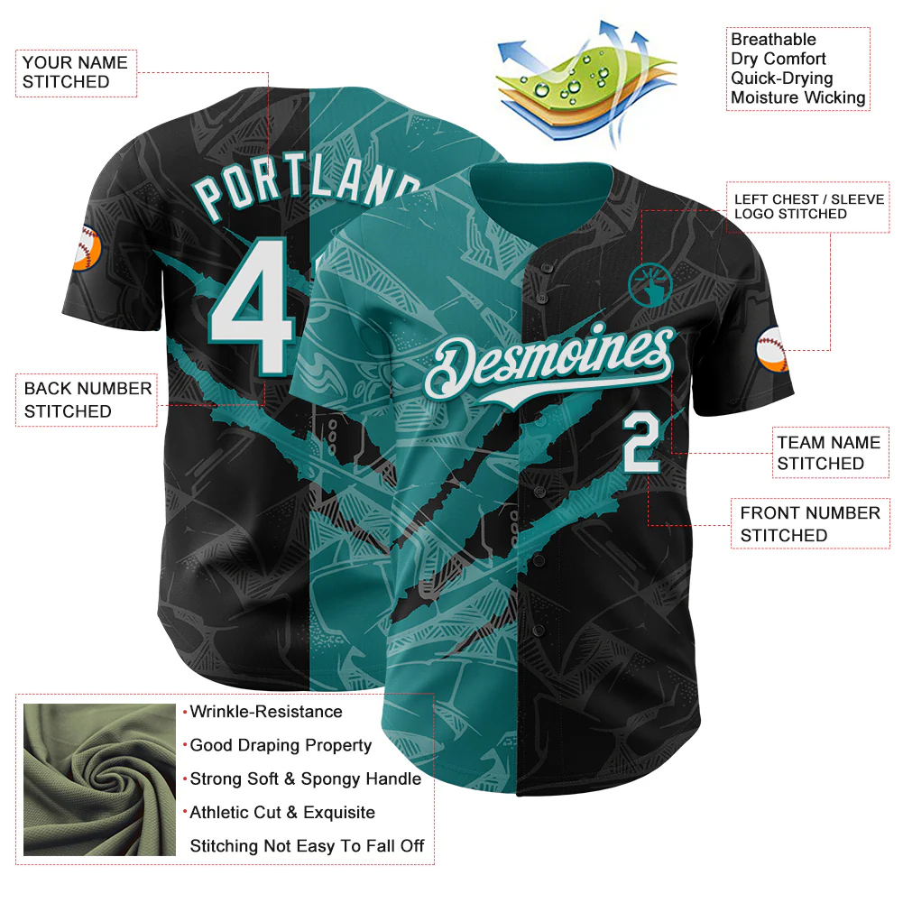 Custom Graffiti Pattern White Black-Teal 3D Scratch Authentic Baseball Jersey - Image 3