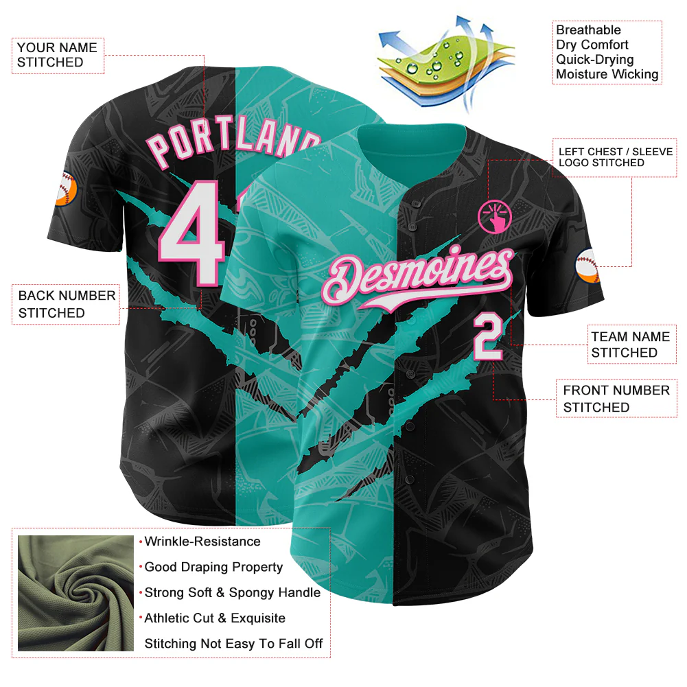 Custom Graffiti Pattern White Black Aqua-Pink 3D Scratch Authentic Baseball Jersey - Image 3