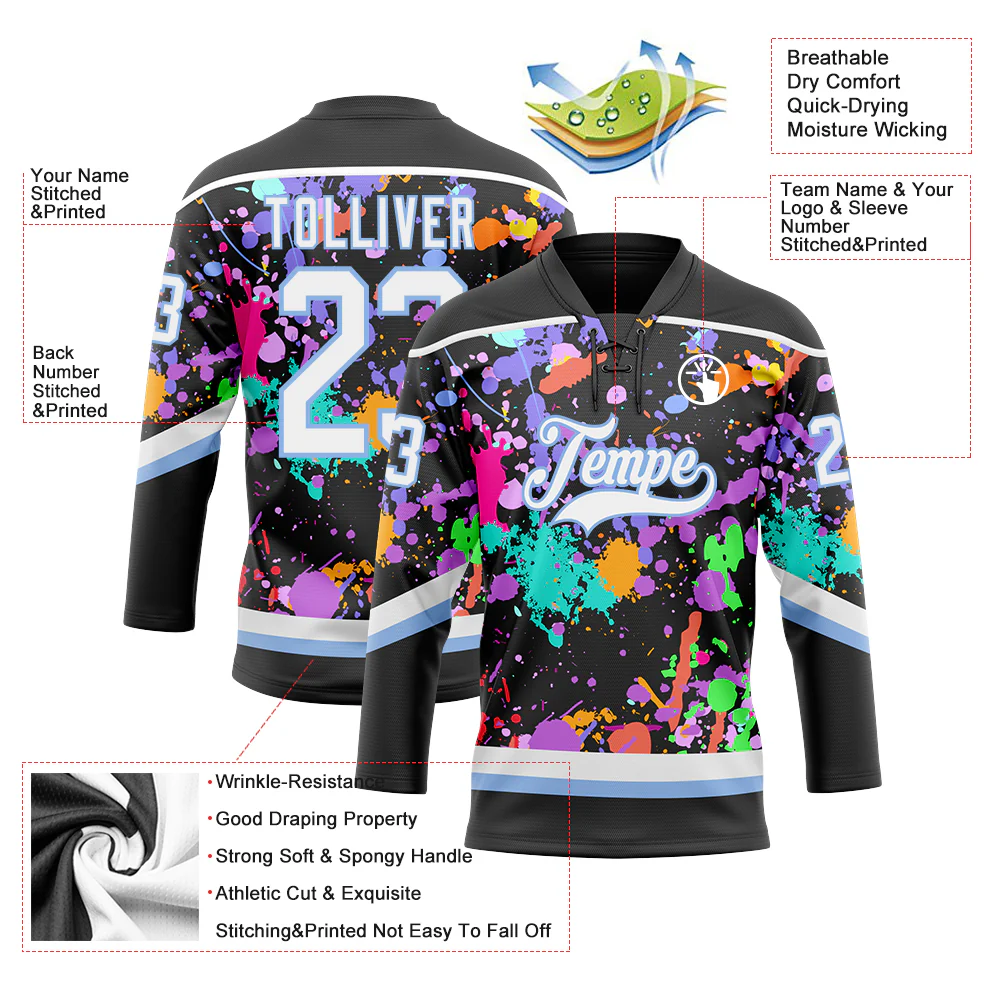 Custom Graffiti Pattern White Black-Light Blue 3D Pattern Splash Art Hockey Lace Neck Jersey - Image 3