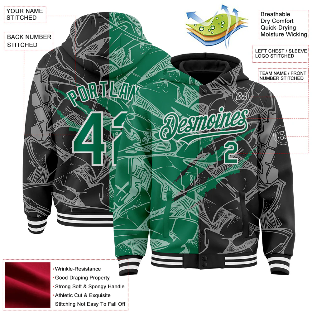 Custom Graffiti Pattern Kelly Green Black-White Scratch Bomber Full-Snap Varsity Letterman Hoodie Jacket - Image 4