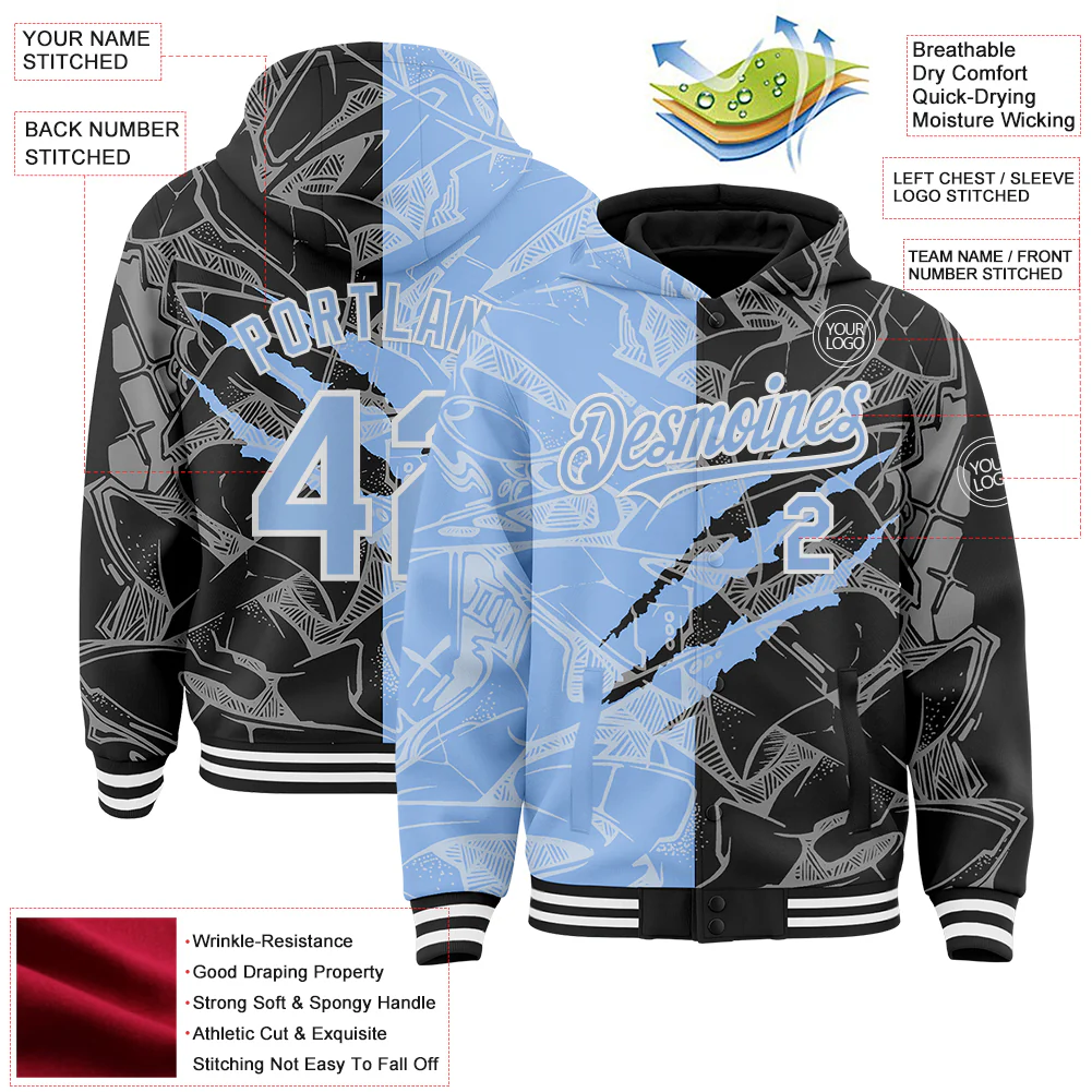 Custom Graffiti Pattern Light Blue Black-White Scratch Bomber Full-Snap Varsity Letterman Hoodie Jacket - Image 4