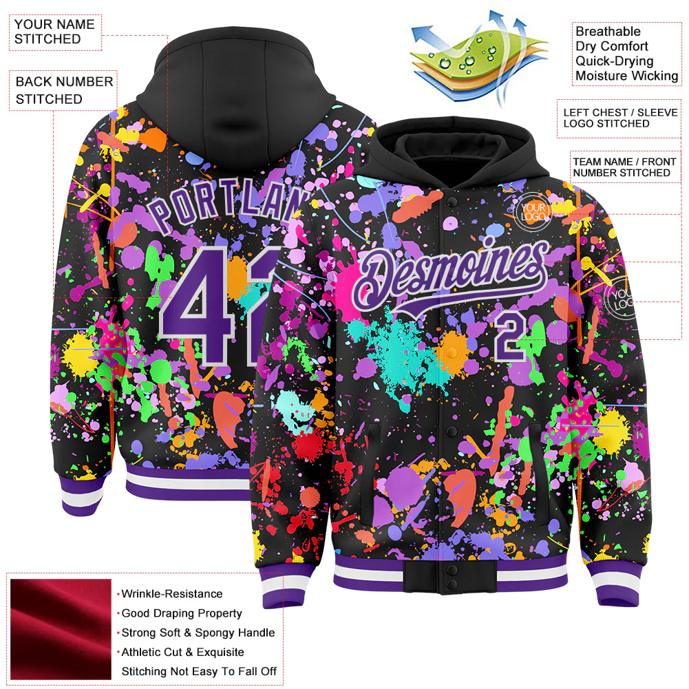 Custom Graffiti Pattern Purple Black-White Splash Bomber Full-Snap Varsity Letterman Hoodie Jacket - Image 4