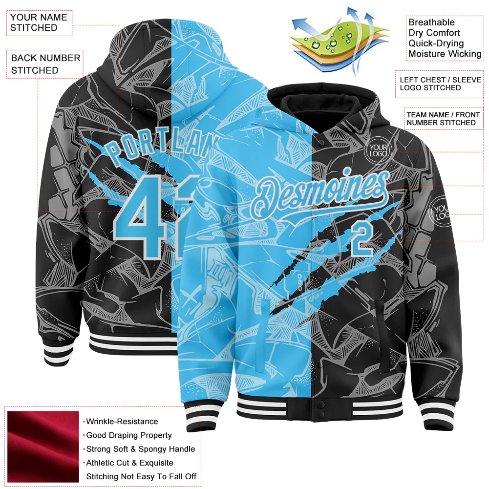 Custom Graffiti Pattern Sky Blue Black-White Scratch Bomber Full-Snap Varsity Letterman Hoodie Jacket - Image 4
