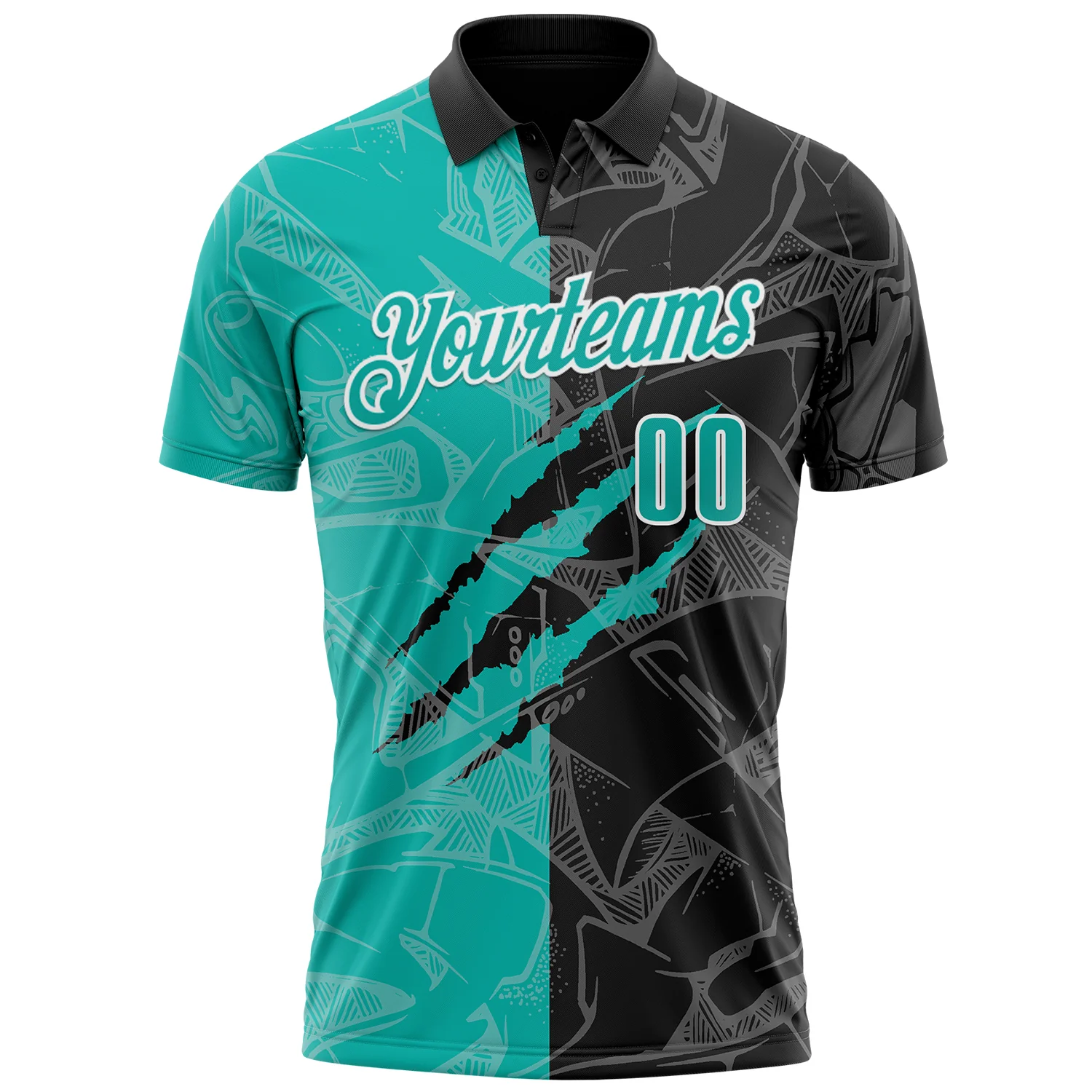 Custom Graffiti Pattern Aqua Black-White 3D Scratch Performance Polo Shirt - Image 2