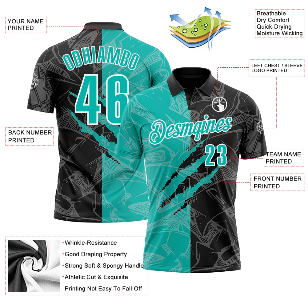 Custom Graffiti Pattern Aqua Black-White 3D Scratch Performance Polo Shirt - Image 3