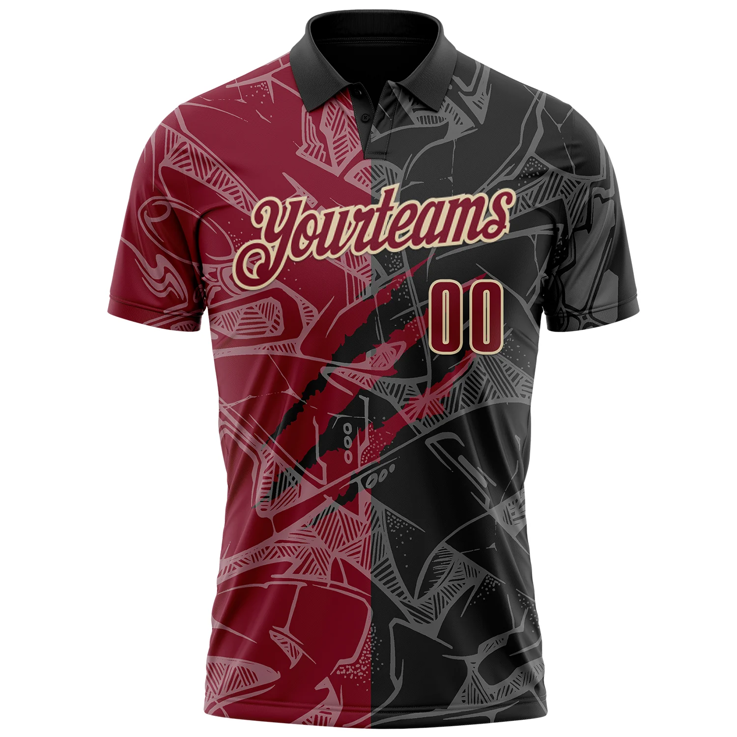 Custom Graffiti Pattern Crimson Black-Cream 3D Scratch Performance Polo Shirt - Image 2