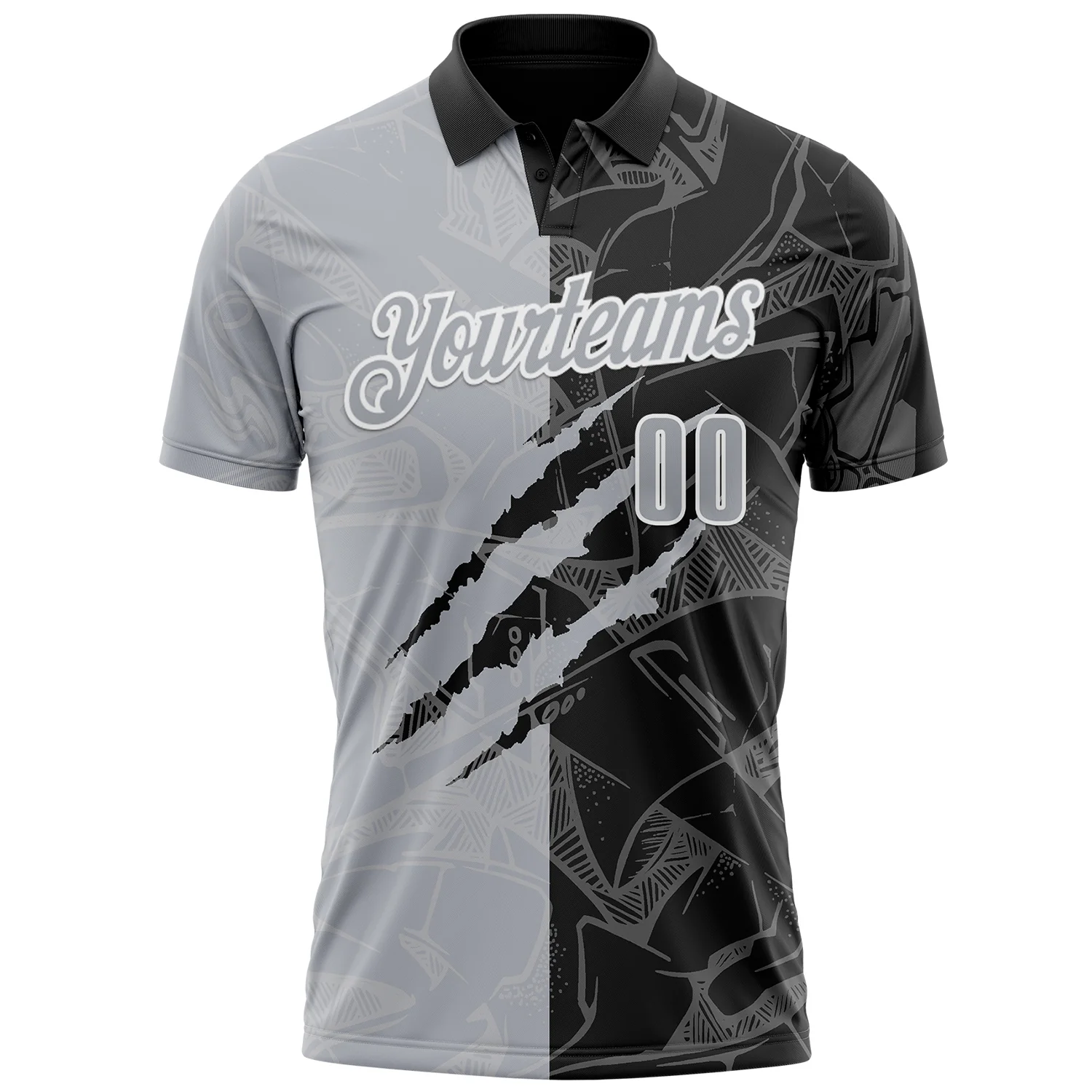 Custom Graffiti Pattern Gray Black-White 3D Scratch Performance Polo Shirt - Image 2