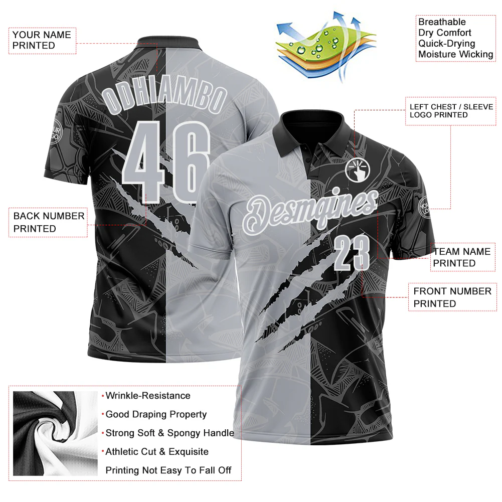 Custom Graffiti Pattern Gray Black-White 3D Scratch Performance Polo Shirt - Image 3