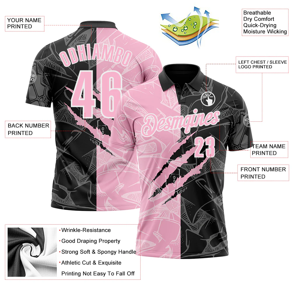 Custom Graffiti Pattern Light Pink Black-White 3D Scratch Performance Polo Shirt - Image 3