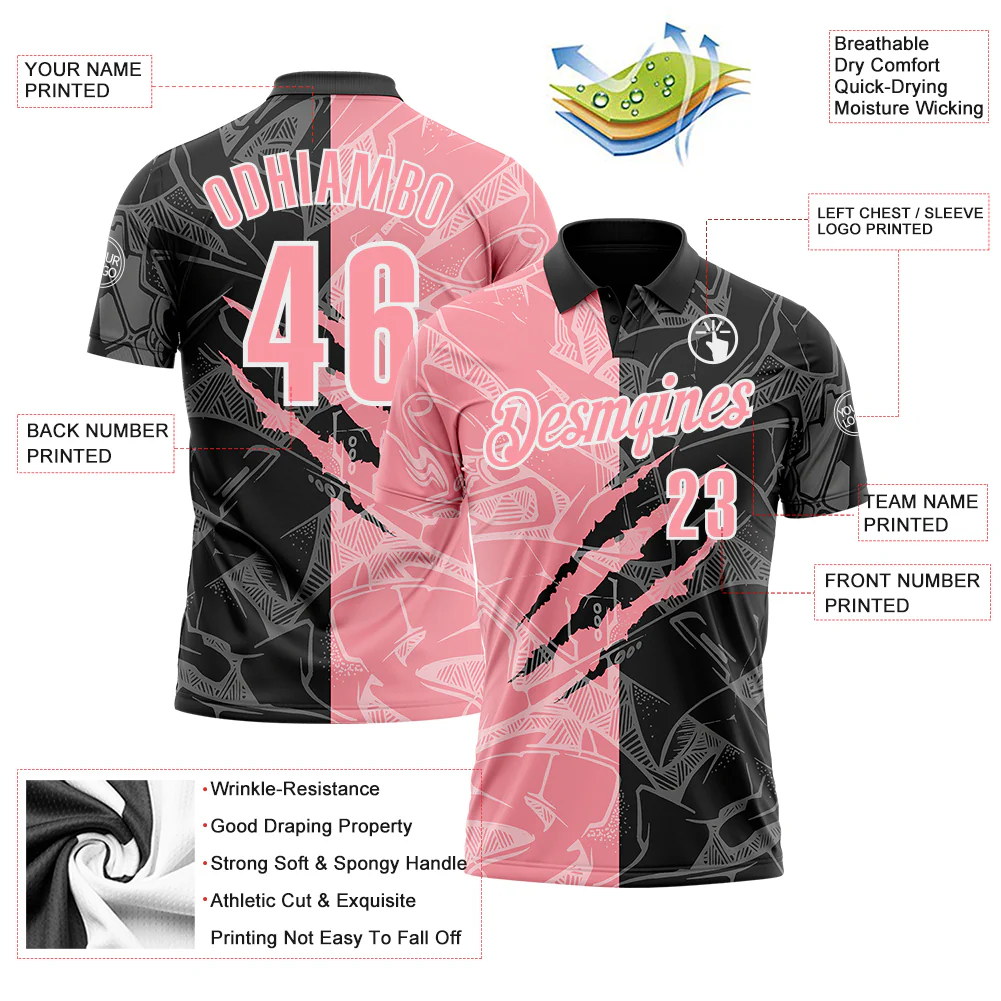 Custom Graffiti Pattern Medium Pink Black-White 3D Scratch Performance Polo Shirt - Image 3