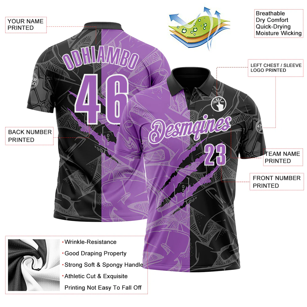 Custom Graffiti Pattern Medium Purple Black-White 3D Scratch Performance Polo Shirt - Image 3