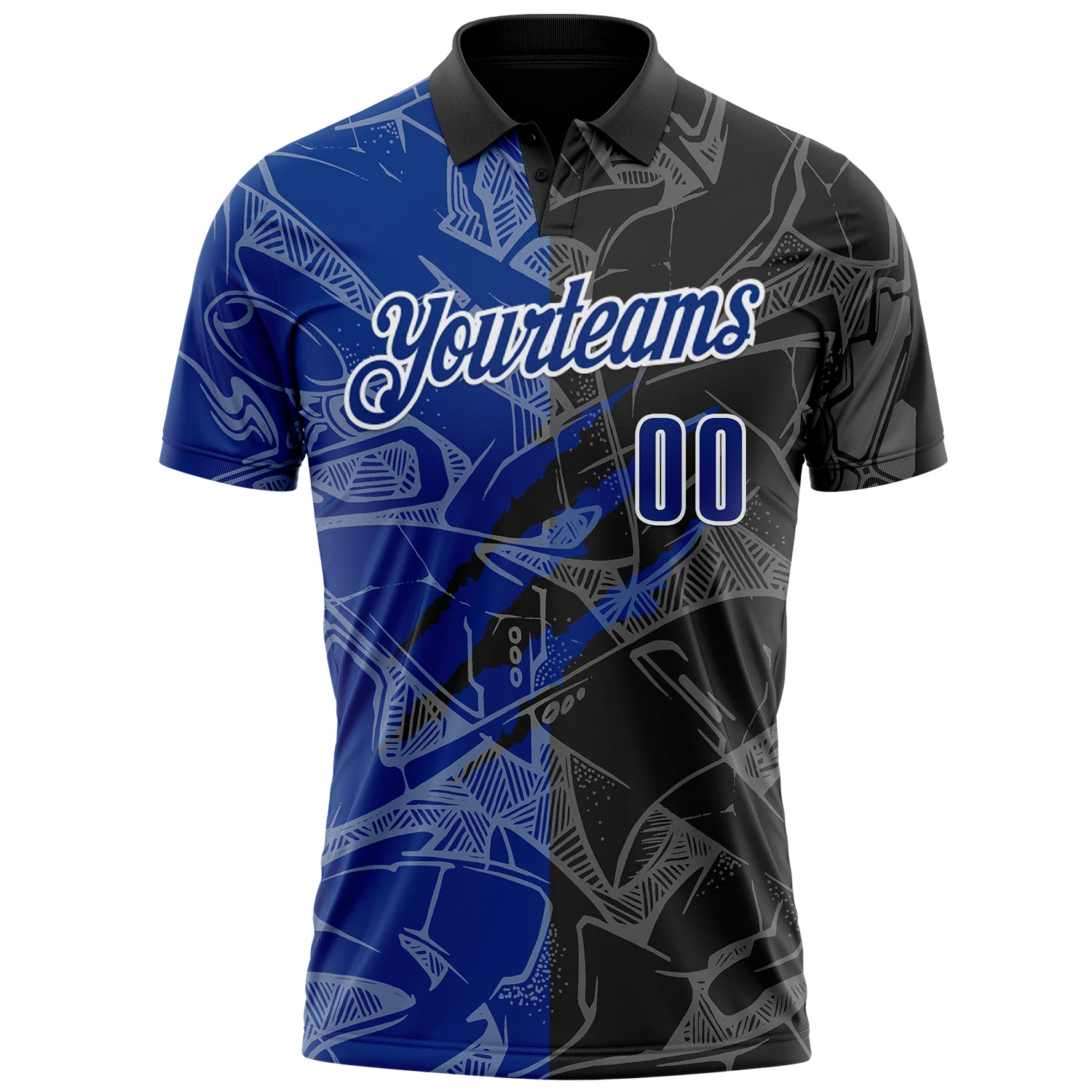 Custom Graffiti Pattern Royal Black-White 3D Scratch Performance Polo Shirt - Image 2