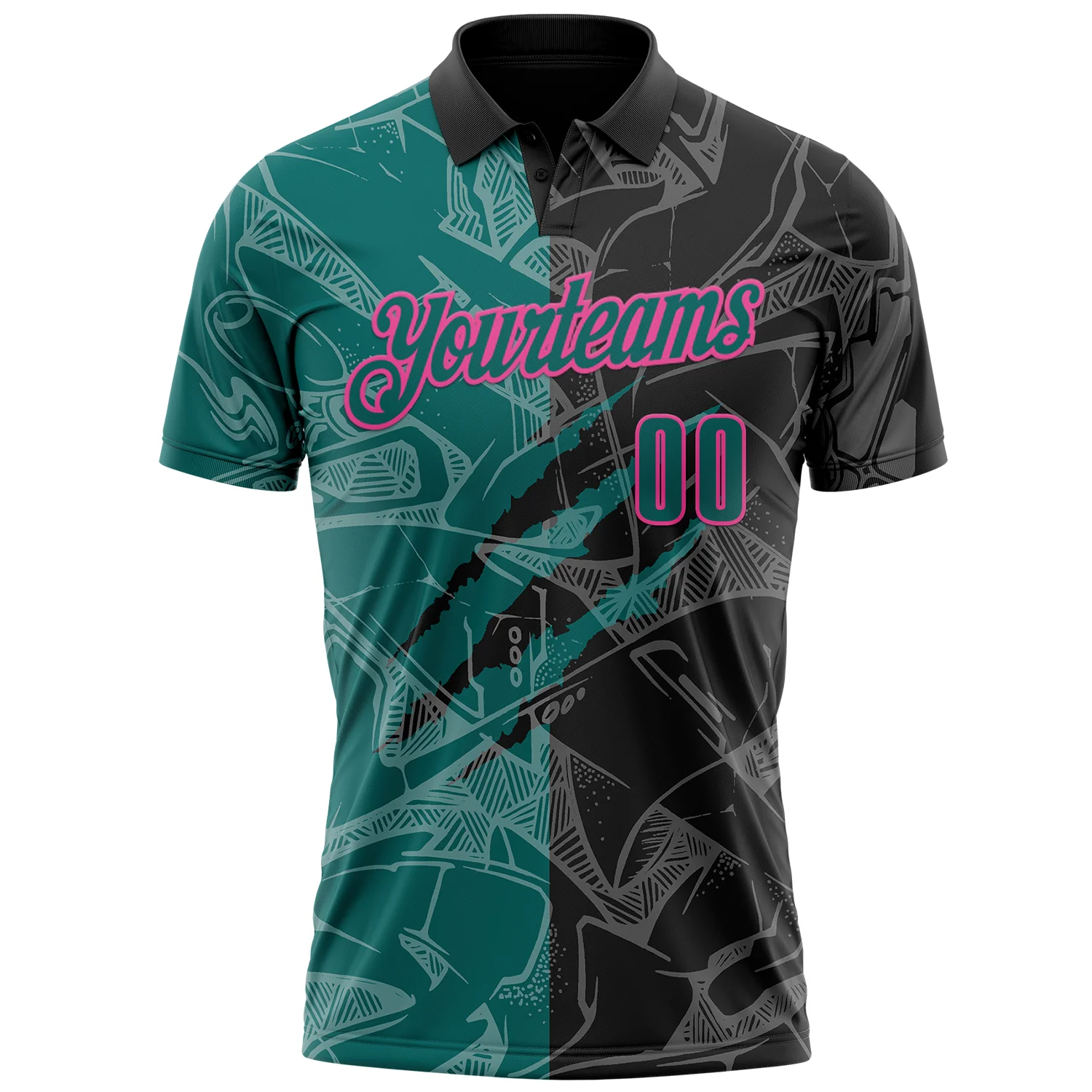 Custom Graffiti Pattern Teal Black-Pink 3D Scratch Performance Polo Shirt - Image 2
