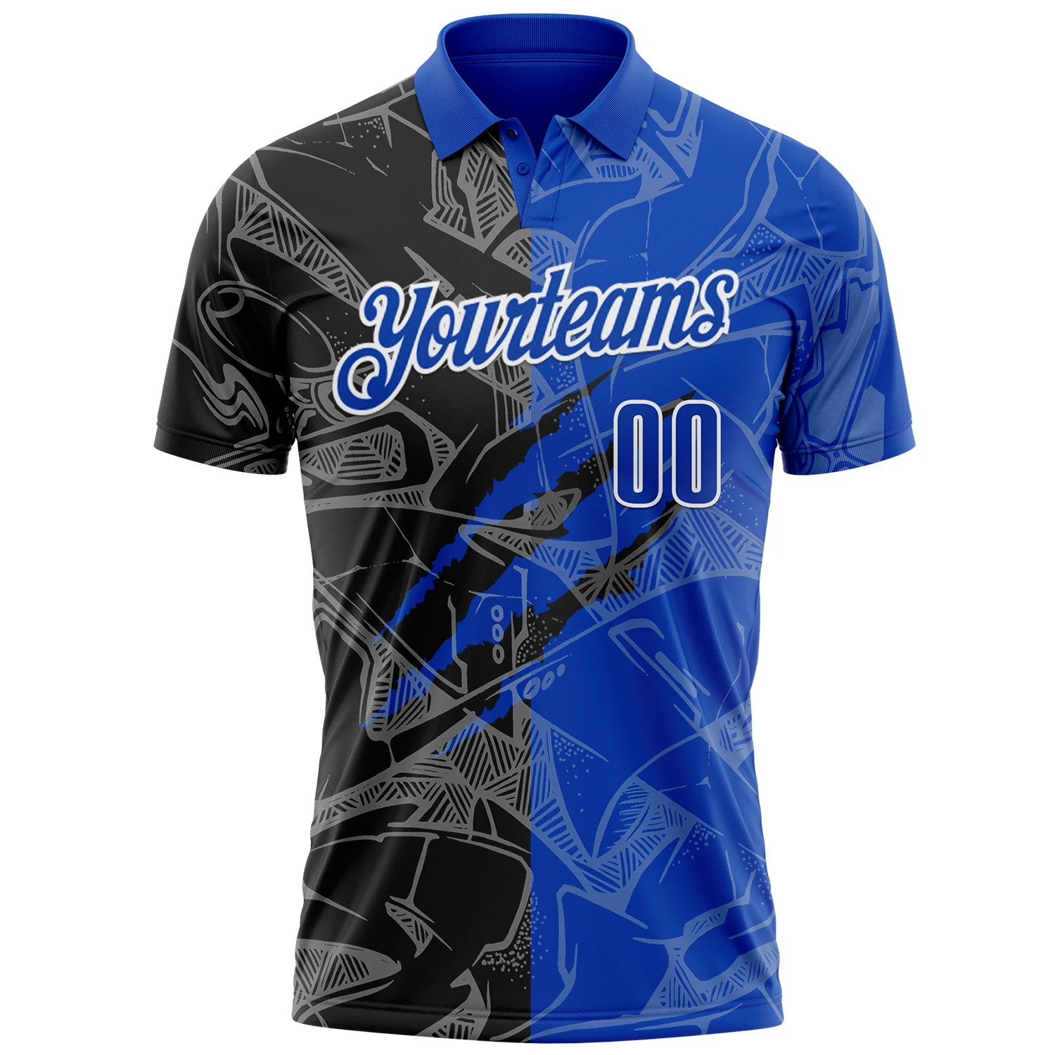 Custom Graffiti Pattern Thunder Blue Black-White 3D Scratch Performance Polo Shirt - Image 2