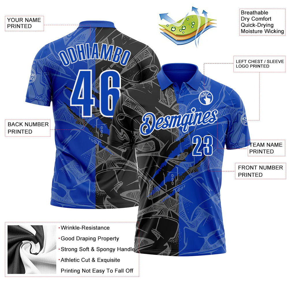 Custom Graffiti Pattern Thunder Blue Black-White 3D Scratch Performance Polo Shirt - Image 3