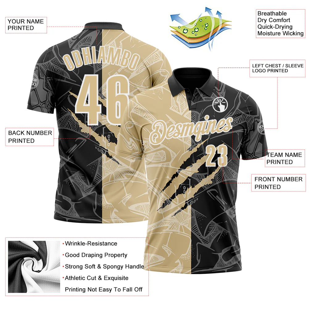 Custom Graffiti Pattern Vegas Gold Black-White 3D Scratch Performance Polo Shirt - Image 3