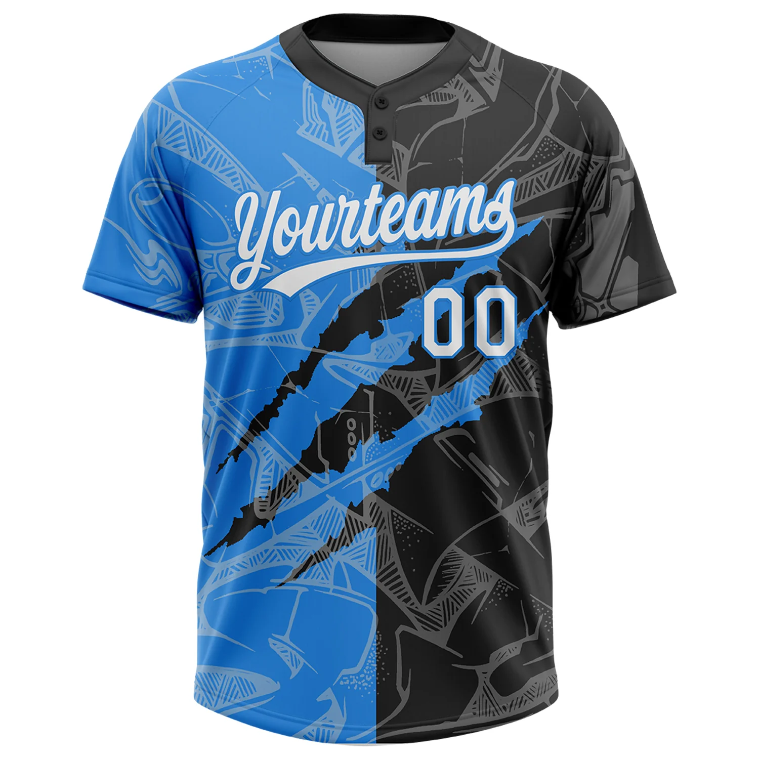 Custom Graffiti Pattern White Black-Electric Blue 3D Scratch Two-Button Unisex Softball Jersey - Image 2