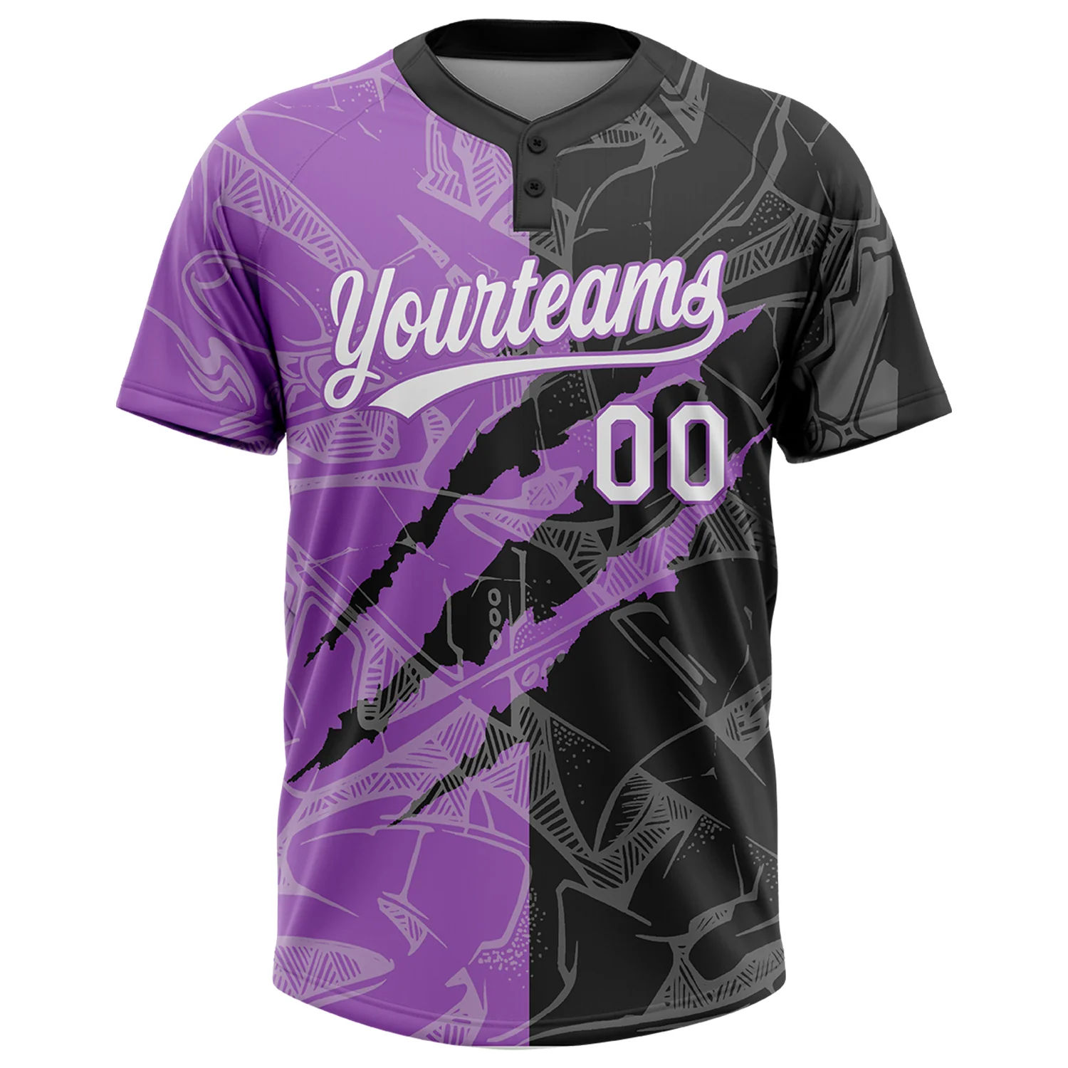 Custom Graffiti Pattern White Black-Medium Purple 3D Scratch Two-Button Unisex Softball Jersey - Image 2
