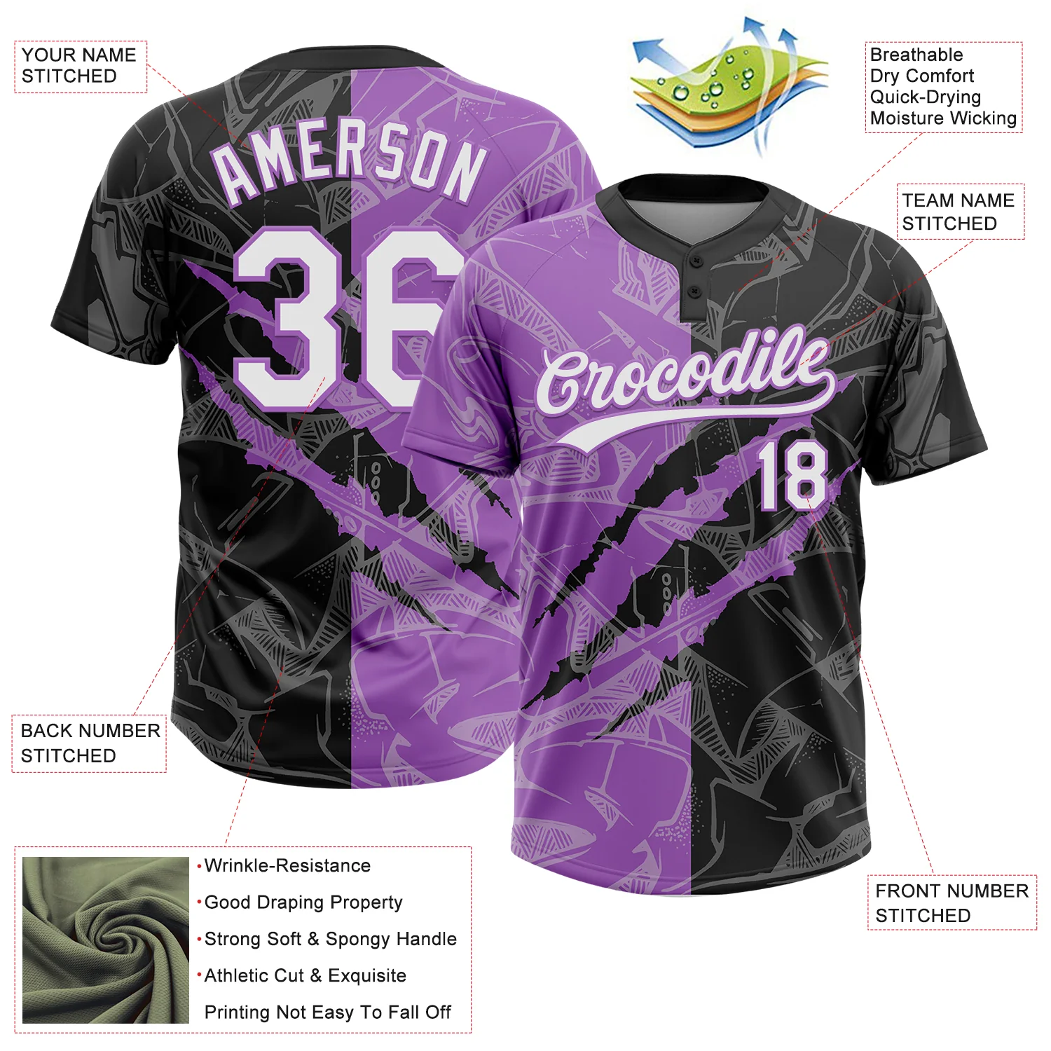 Custom Graffiti Pattern White Black-Medium Purple 3D Scratch Two-Button Unisex Softball Jersey - Image 3