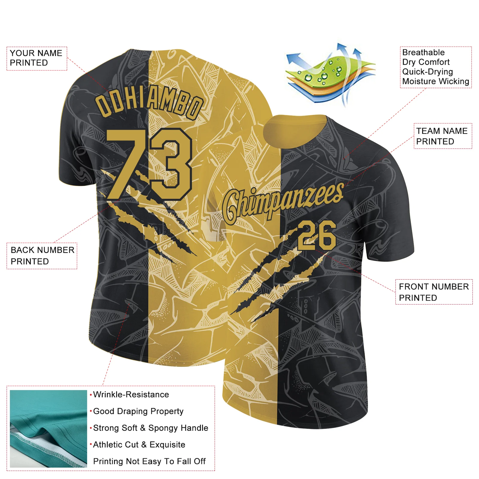 Custom Graffiti Pattern Old Gold-Black Scratch 3D Performance T-Shirt - Image 2