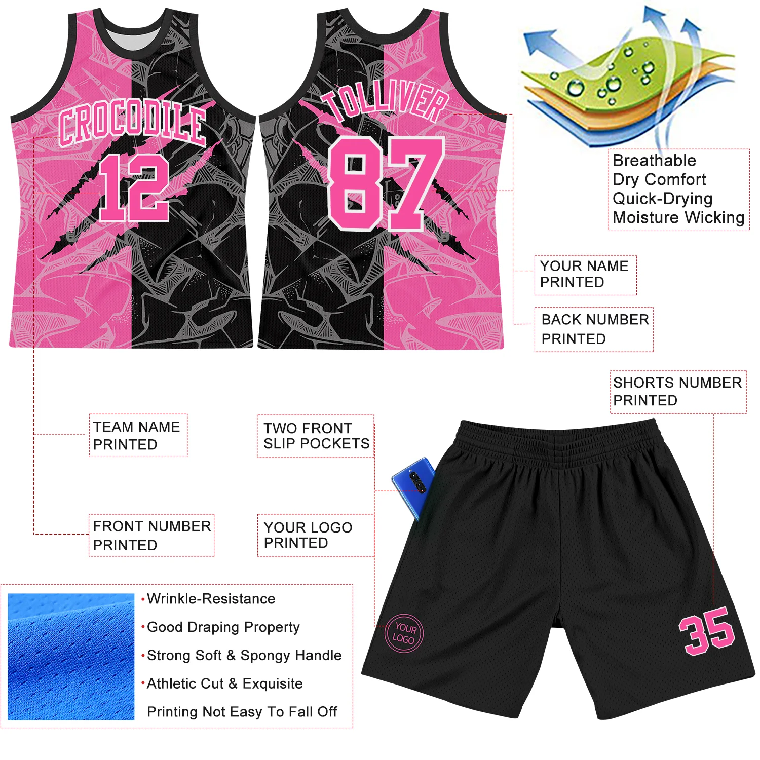 Custom Graffiti Pattern Pink Black-White Scratch Round Neck Sublimation Basketball Suit Jersey - Image 3