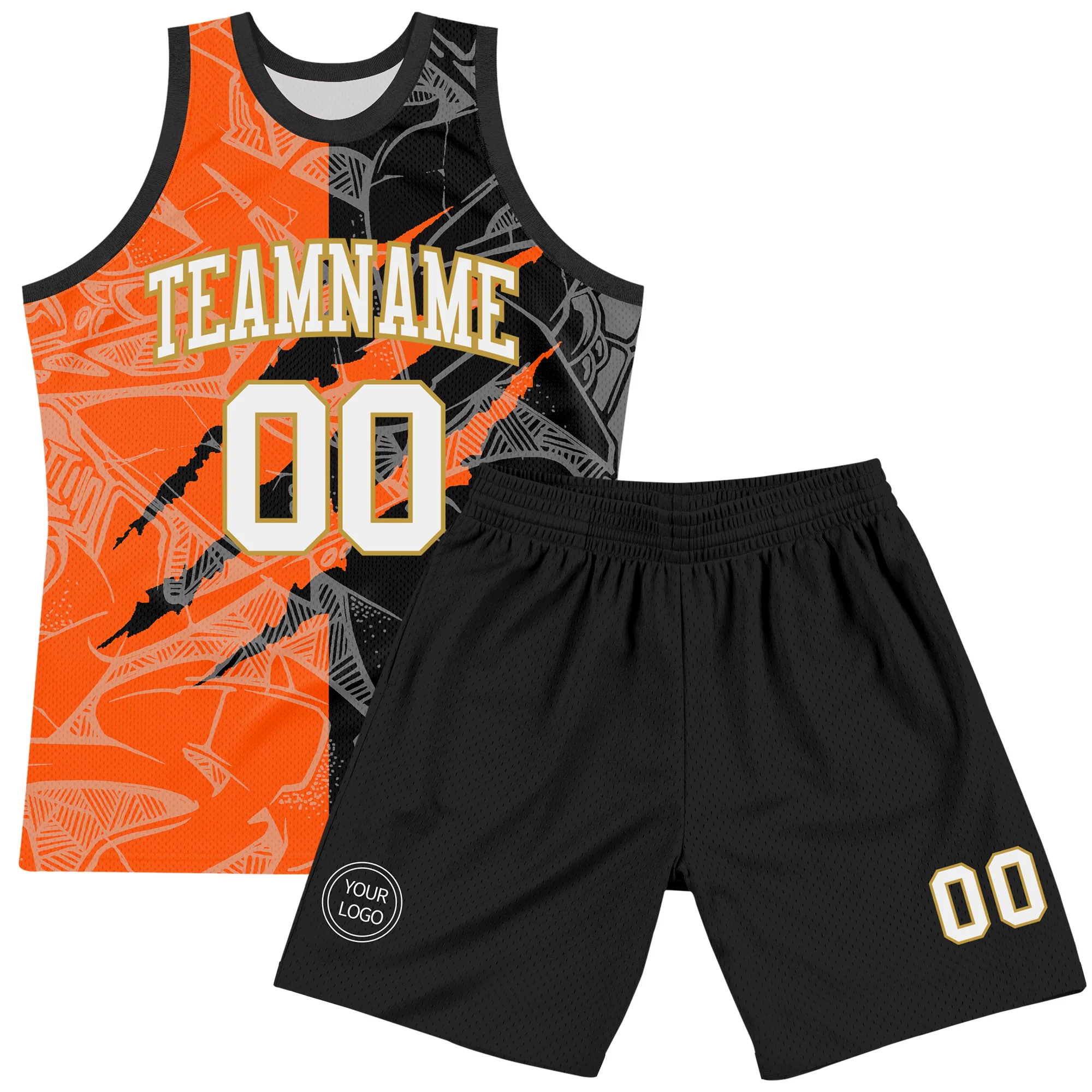 Custom Graffiti Pattern White Black Orange-Old Gold Scratch Round Neck Sublimation Basketball Suit Jersey - Image 2