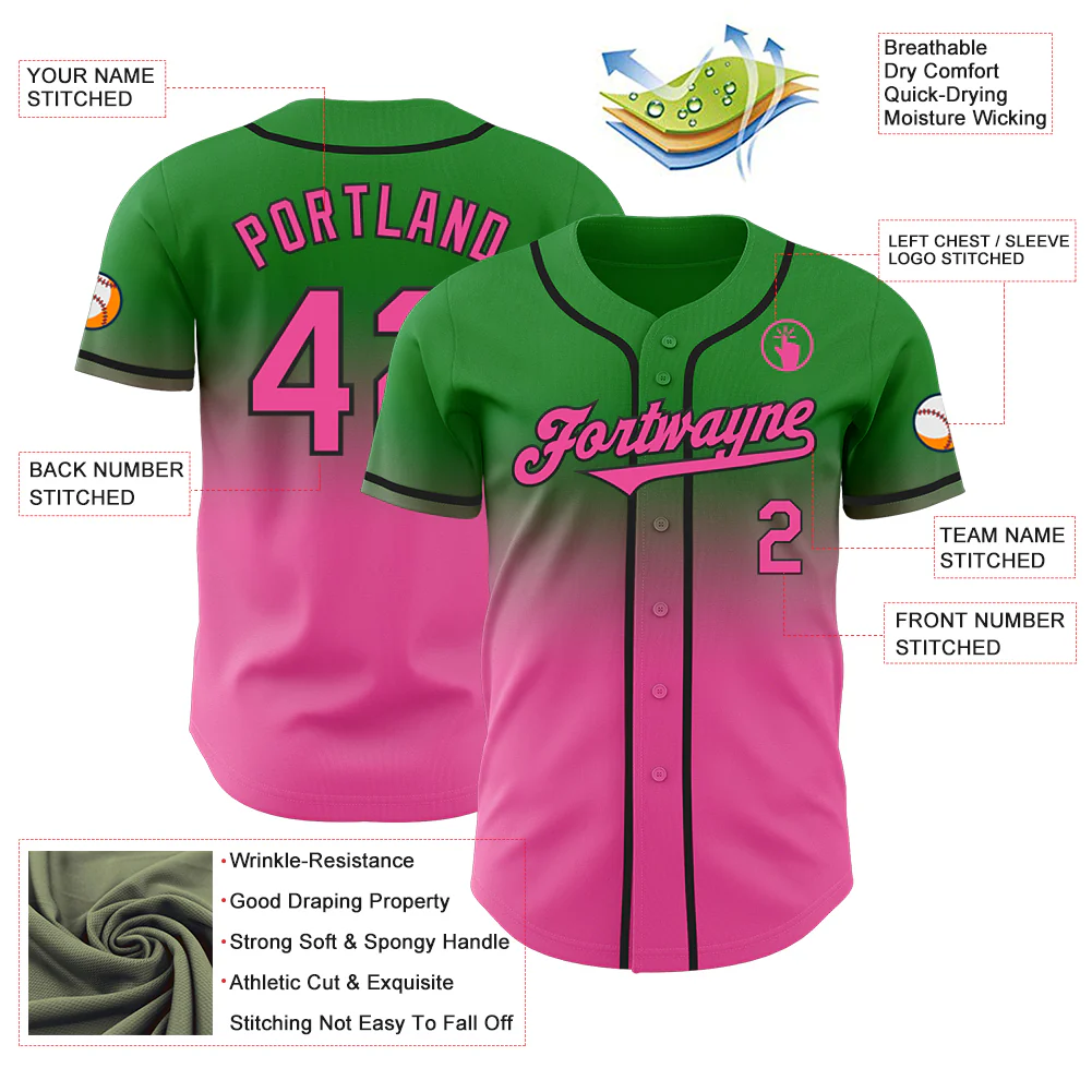 Custom Grass Green Pink-Black Authentic Fade Fashion Baseball Jersey - Image 3