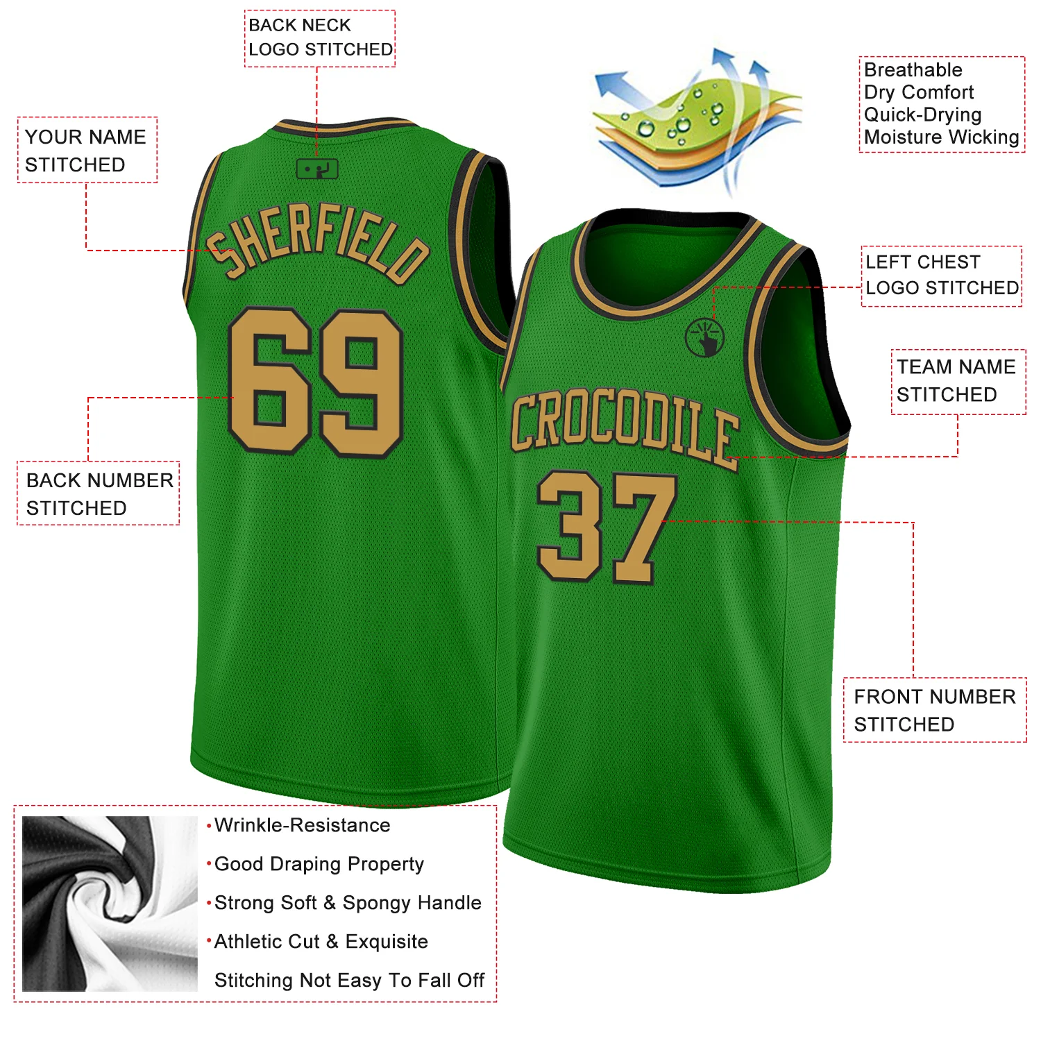 Custom Grass Green Old Gold-Black Authentic Basketball Jersey - Image 2