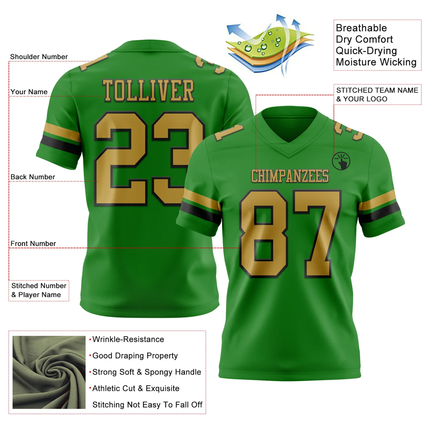 Custom Grass Green Old Gold-Black Authentic Football Jersey - Image 3