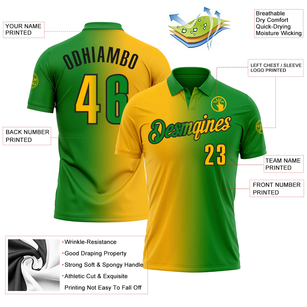 Custom Grass Green Gold-Black 3D Gradient Fashion Performance Polo Shirt - Image 3