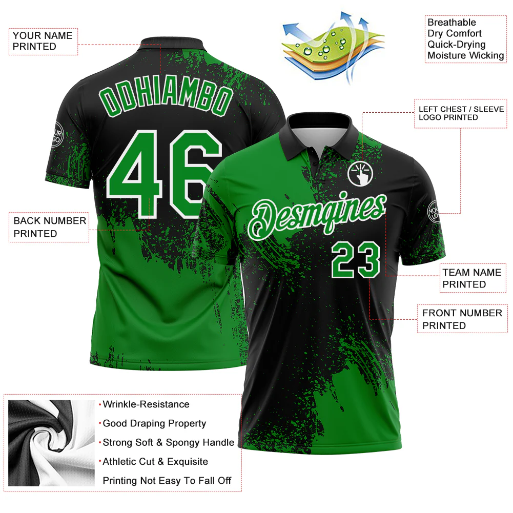 Custom Grass Green Black-White 3D Pattern Design Abstract Brush Stroke Performance Polo Shirt - Image 3