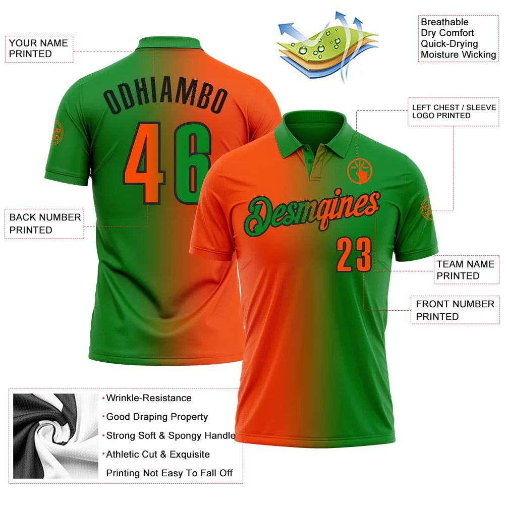Custom Grass Green Orange-Black 3D Gradient Fashion Performance Polo Shirt - Image 3