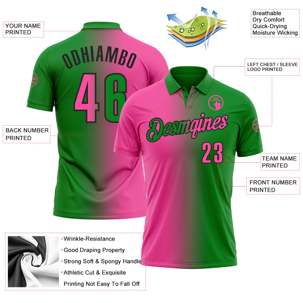 Custom Grass Green Pink-Black 3D Gradient Fashion Performance Polo Shirt - Image 3