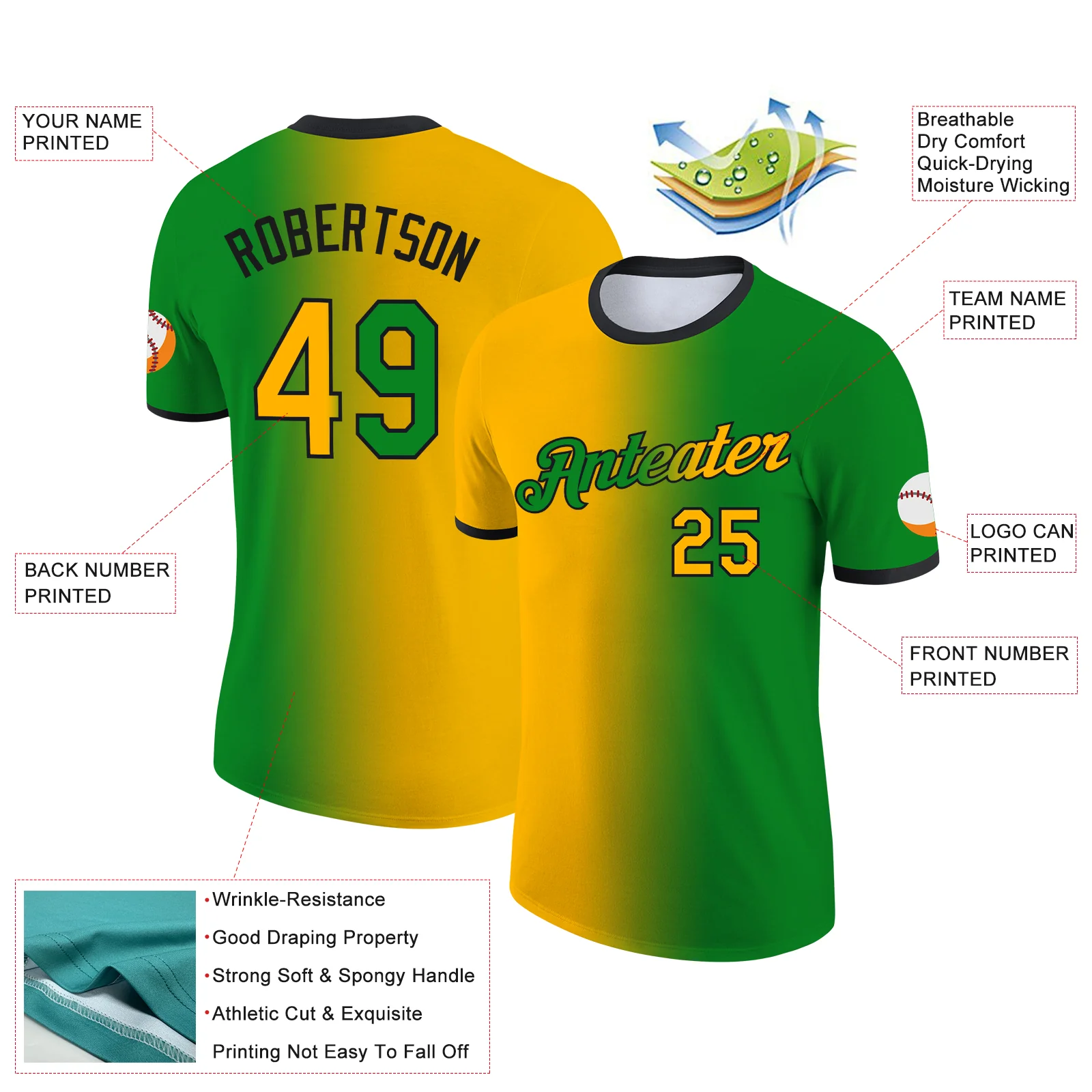 Custom Grass Green Gold-Black Gradient Fashion Performance T-Shirt - Image 2
